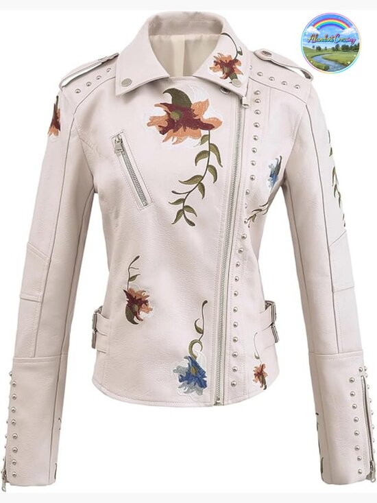 Jackets & Blazers - Embroidered Studded Faux Leather Moto Jacket Floral Punk Coat